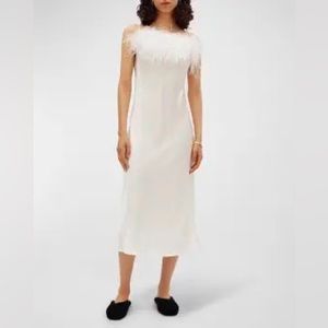 Sleeper Feather-Trim Slip Dress in Ivory
